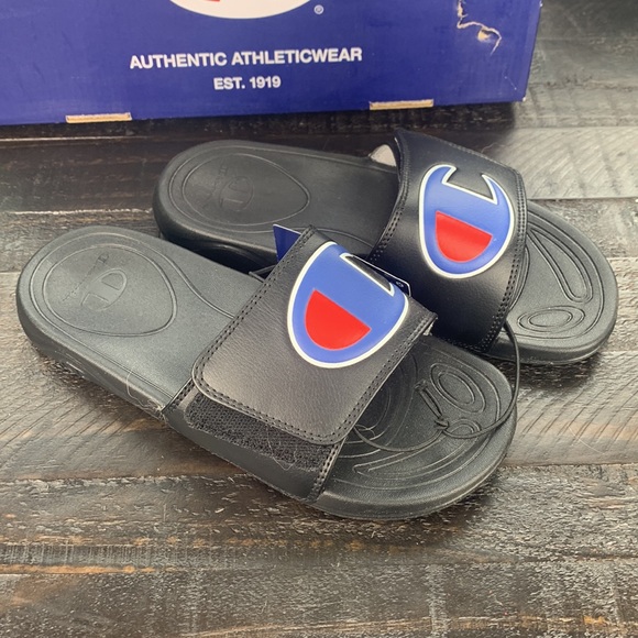 NWT Men’s Champion Mega Slides Athleticwear Black with Logo - Picture 3 of 5